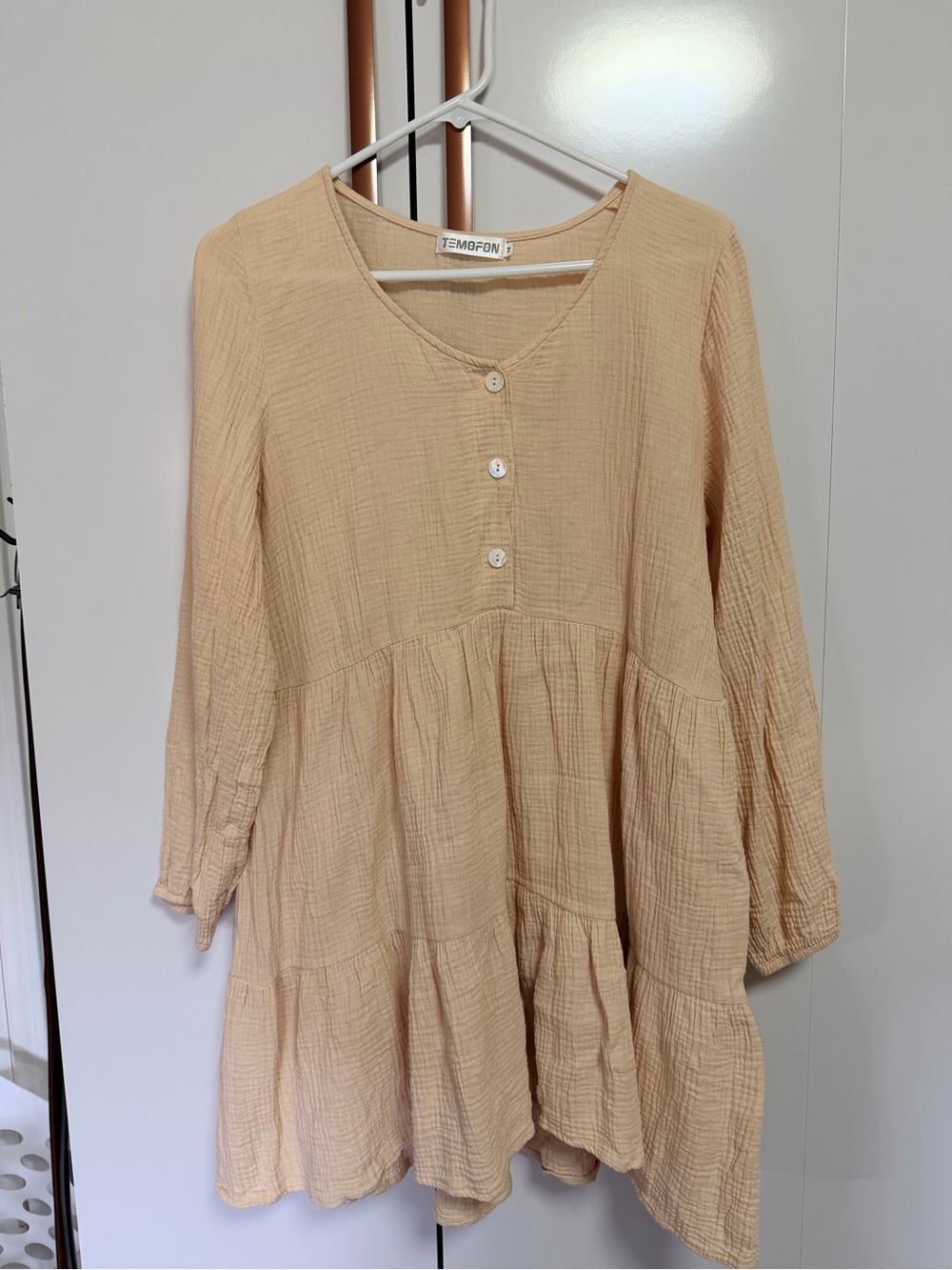 TEMOFON Cream Gauze Tunic Dress with Button Placket Size M